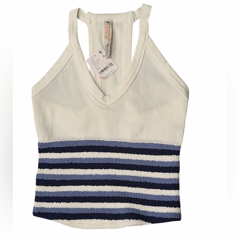 FP Movement All Clear Striped Ribbed Cami Tank XS/S White Blue Athleisure NWT